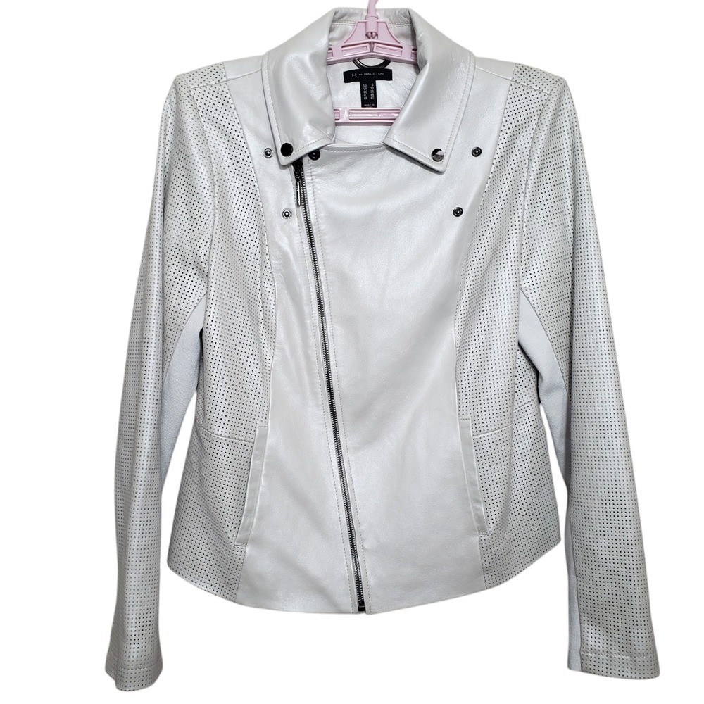 H by Halston Women's 6 Metallic White Real Leather Moto Jacket Perforated Pearl